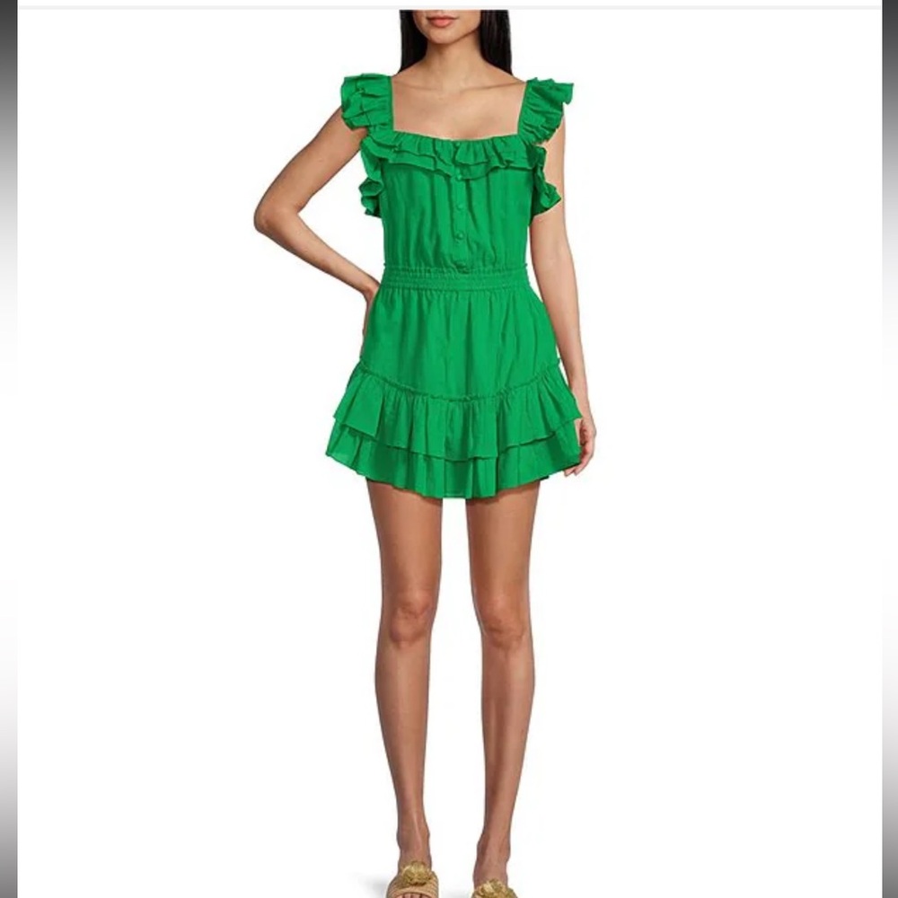 NWT Chelsea & Violet Green Ruffled Guaze Square Neck Ruffle Hem Romper Size M